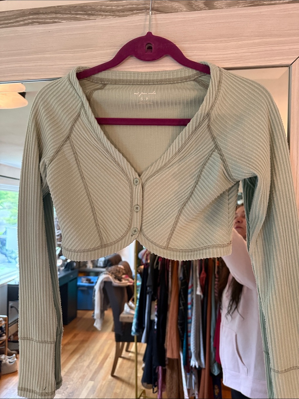 Urban Outfitters Sage Green Ribbed Crop Button-Up Top